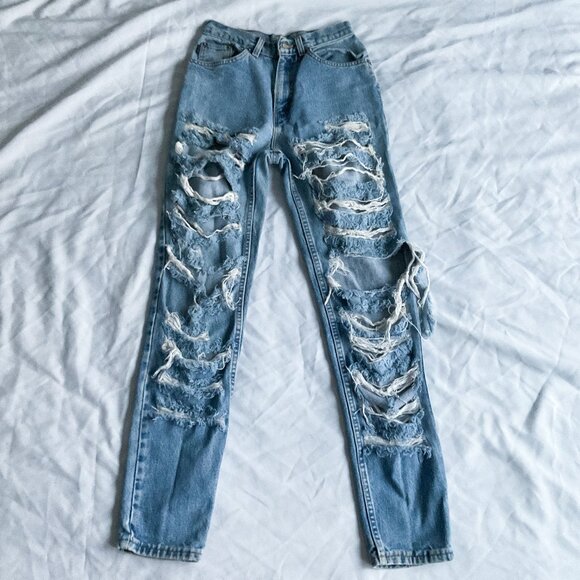 Denim - Distressed Denim Jeans with Middle Finger on Pockets
